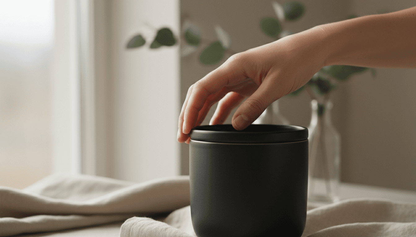 Close-up of a hand touching a matte black ceramic canister on a clean kitchen counter with soft natural light
